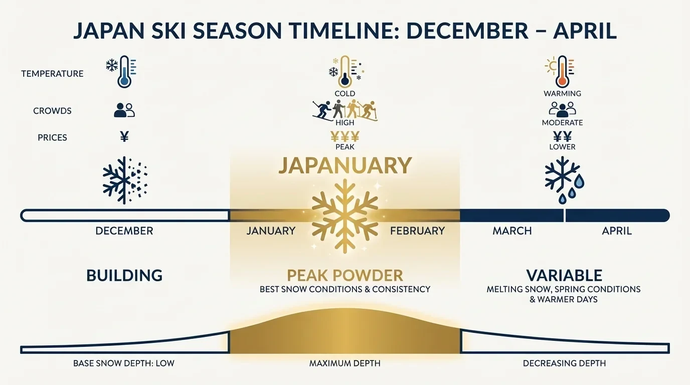 Japow season calendar showing peak powder conditions in January and February