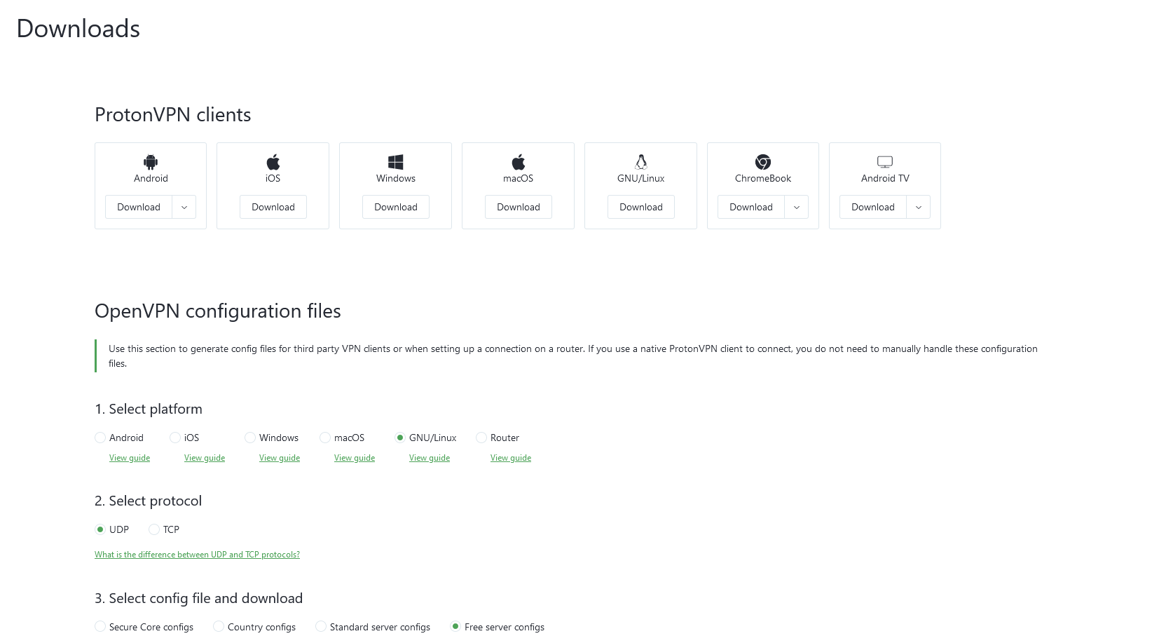 Selezione corretta per download configurazione ProtonVPN
