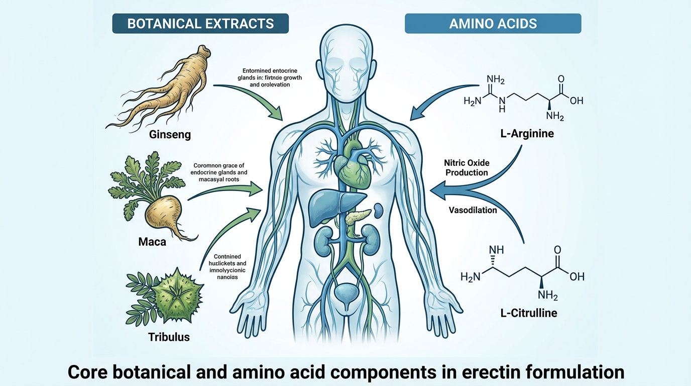 Illustrated breakdown of erectin supplement ingredients and their functions