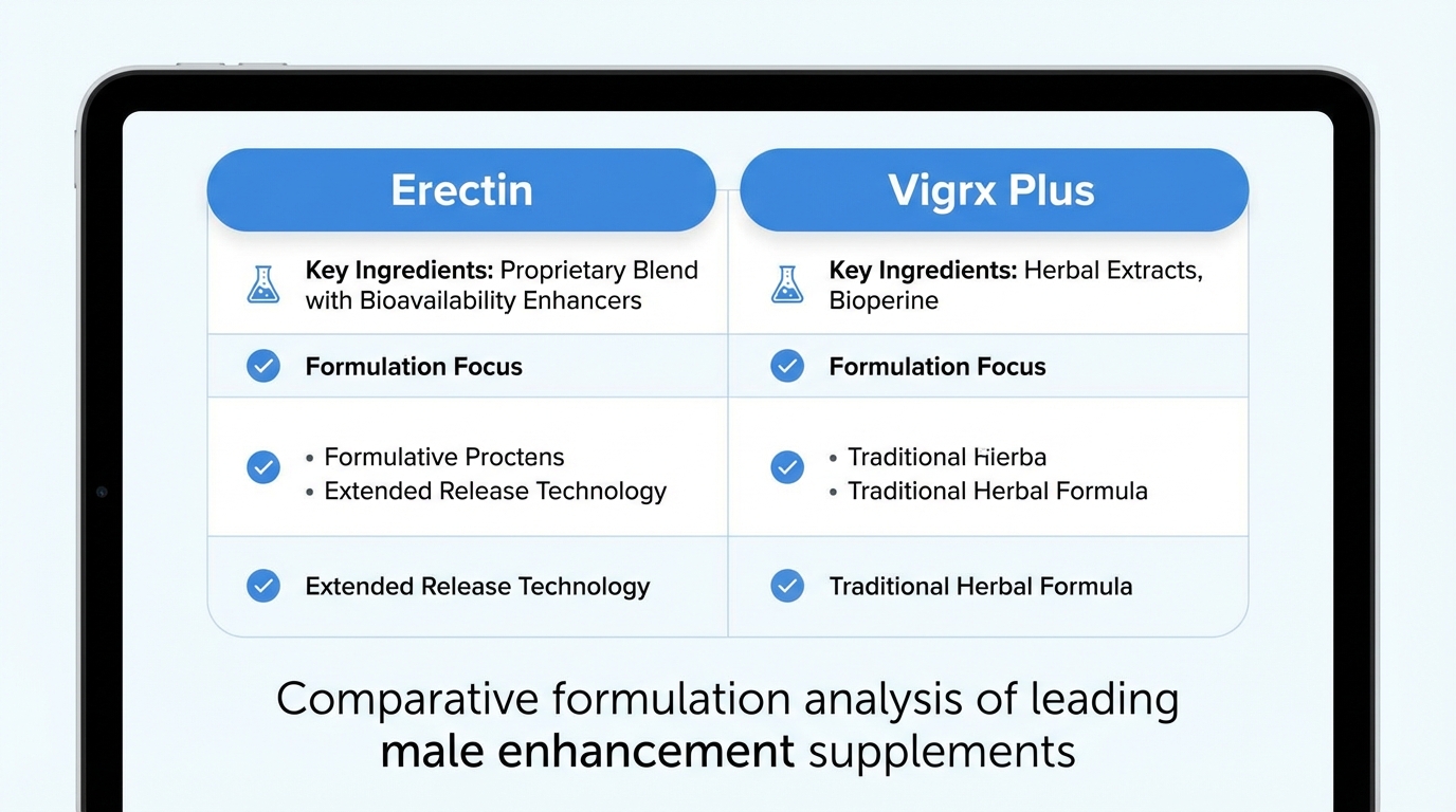 Side-by-side comparison of erectin vs vigrx plus supplement composition
