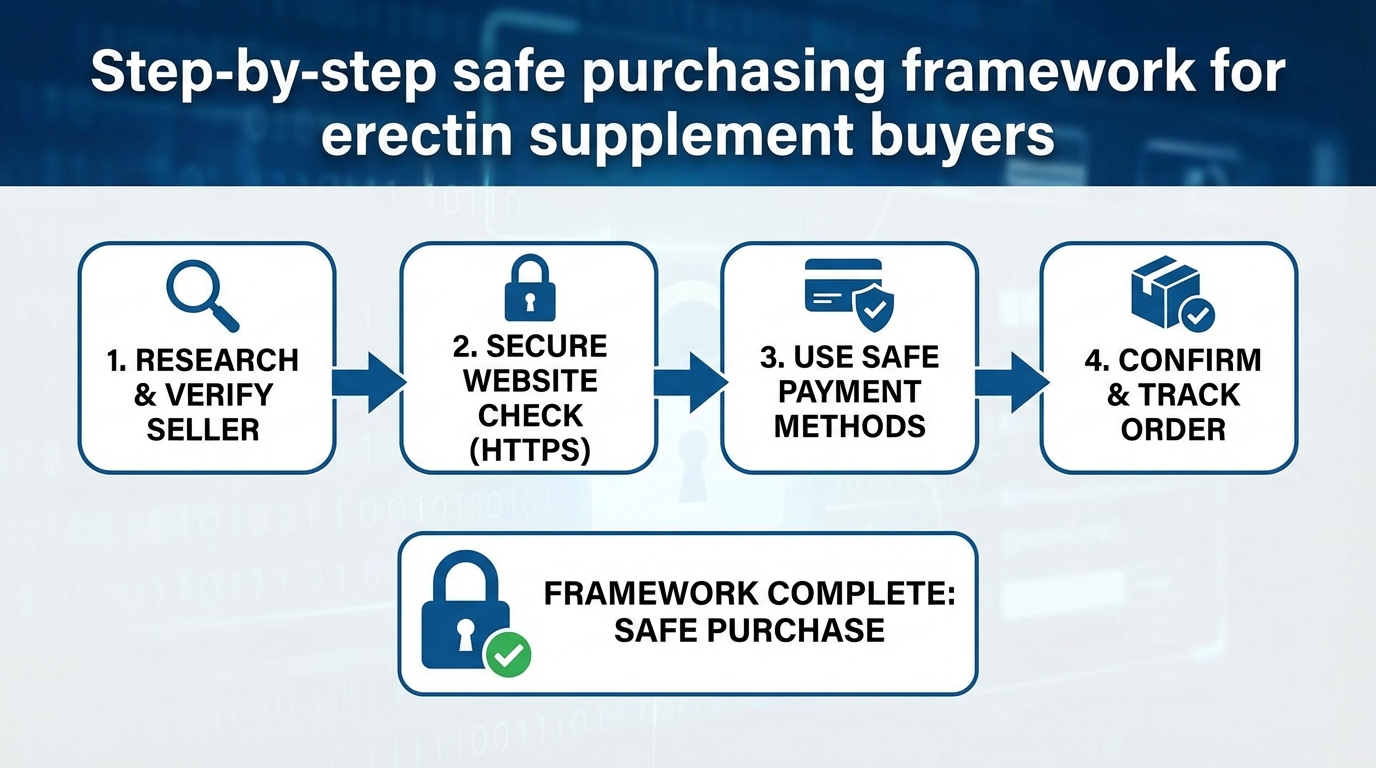 Flowchart showing safe online purchasing steps for erectin supplement