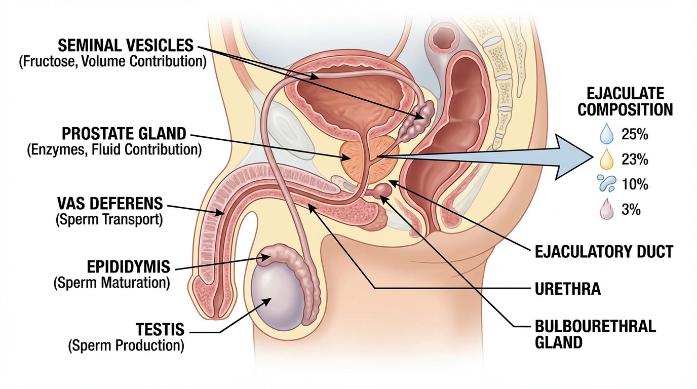 Anatomical illustration of male reproductive system showing semen production process