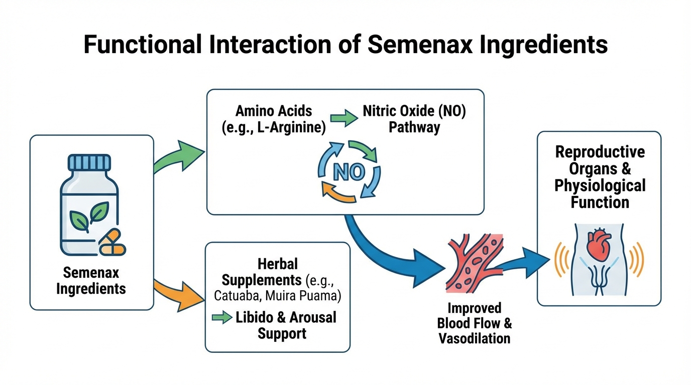 Diagram showing how amino acids and herbs influence semen production pathways