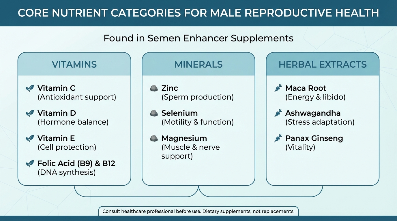 Chart of vitamins, minerals, and herbal extracts in semen volume supplements