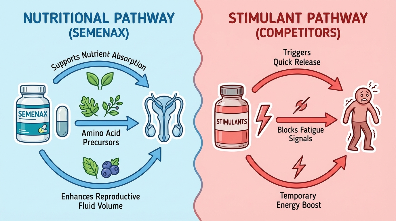 Diagram comparing nutritional vs stimulant-based male enhancement mechanisms