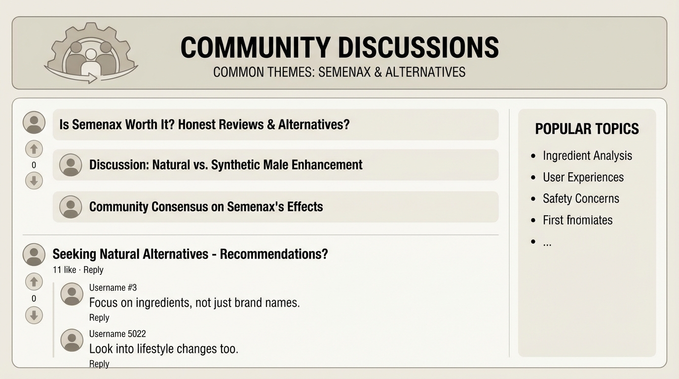 Illustration of Reddit-style discussion threads about semen volume supplements