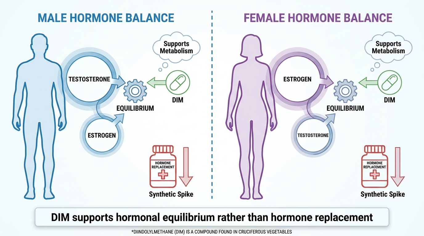 Hormonal balance diagram comparing testosterone and estrogen in men and women
