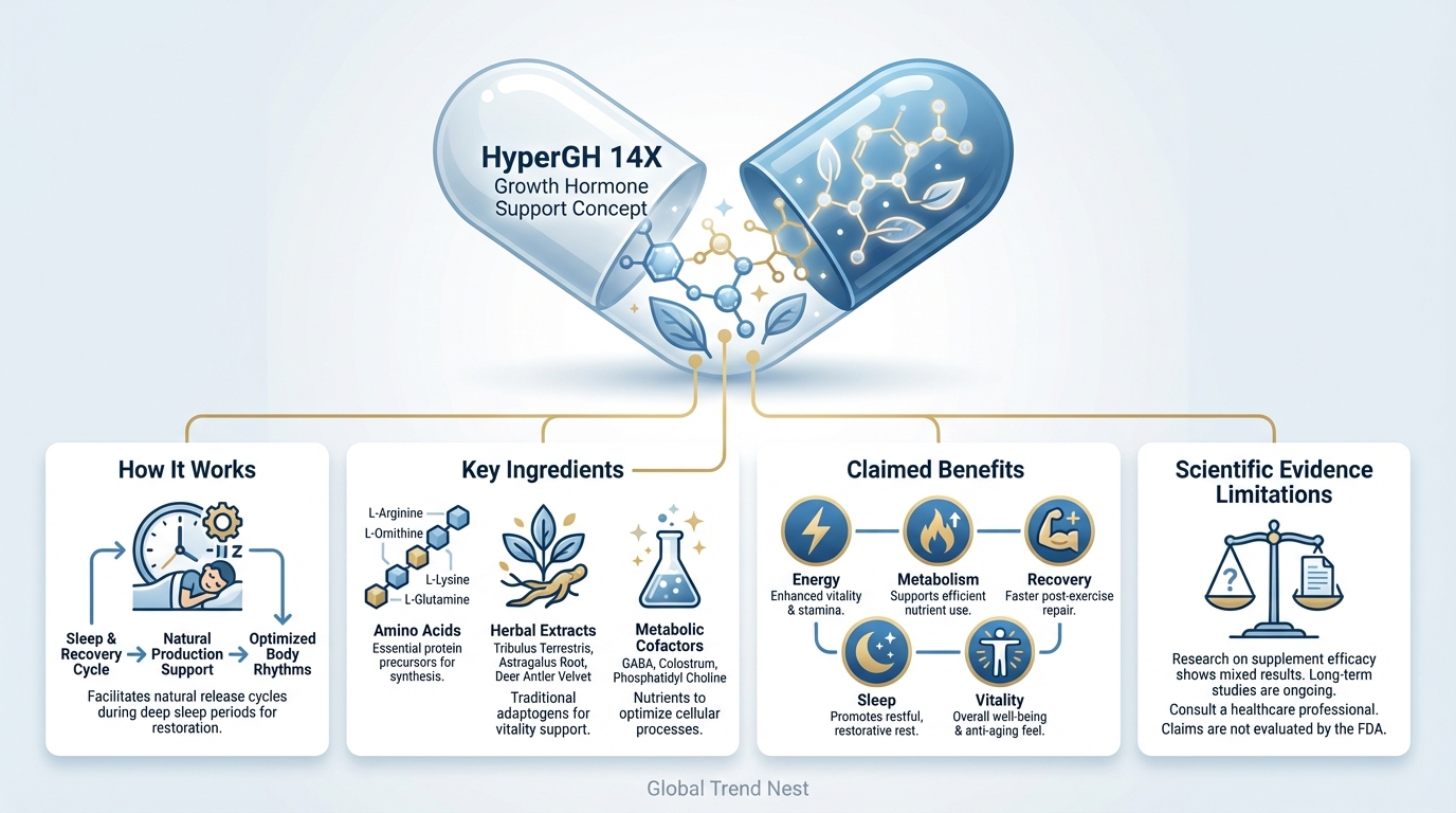 HyperGH 14X supplement infographic showing ingredients, claimed benefits, mechanism of action, and scientific limitations in a clean medical-style layout.