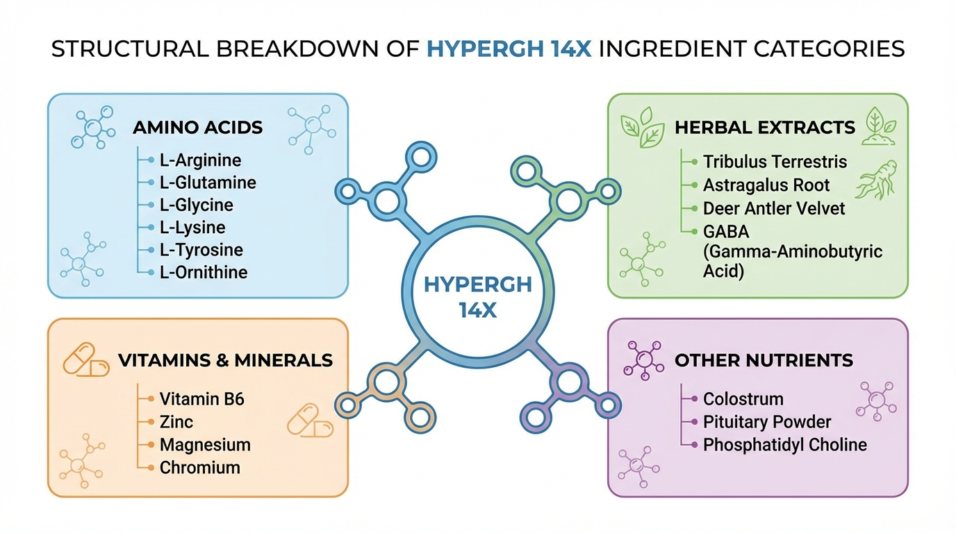 diagram categorizing HyperGH 14X ingredients into amino acids, herbs, and micronutrients