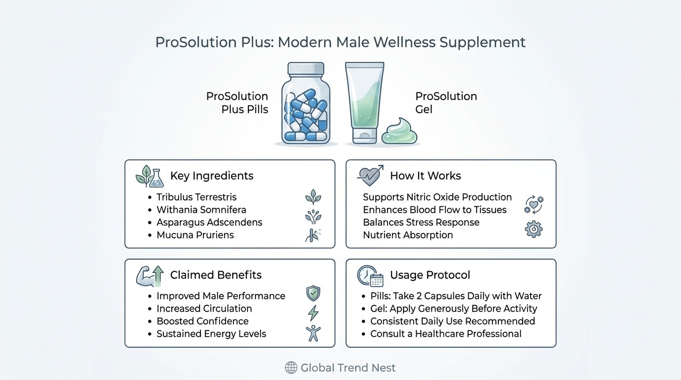 ProSolution Plus infographic showing ingredients, pill and gel forms, usage instructions, and claimed male wellness benefits.