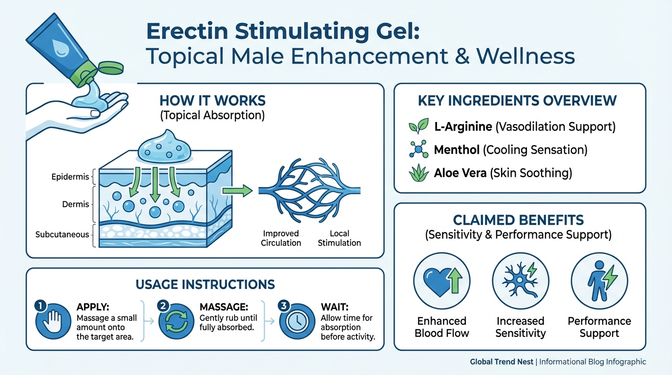 Erectin Gel infographic explaining topical application, ingredients, absorption process, and claimed male enhancement benefits.