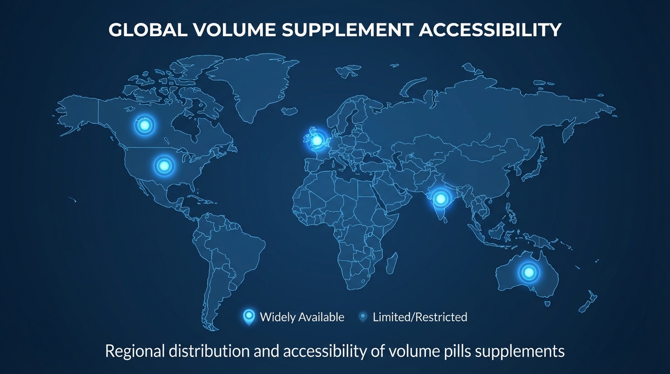 World map showing availability of volume pills across USA, UK, Canada, Australia, and India