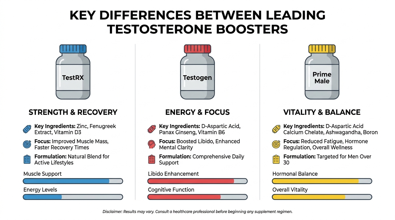 Comparison of TestRX, Testogen, and Prime Male supplements