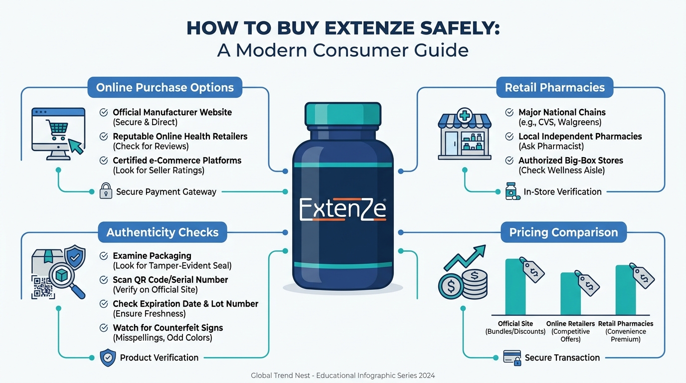 Infographic showing where to buy ExtenZe safely, including online stores, retail pharmacies, pricing comparison, and authenticity checks.