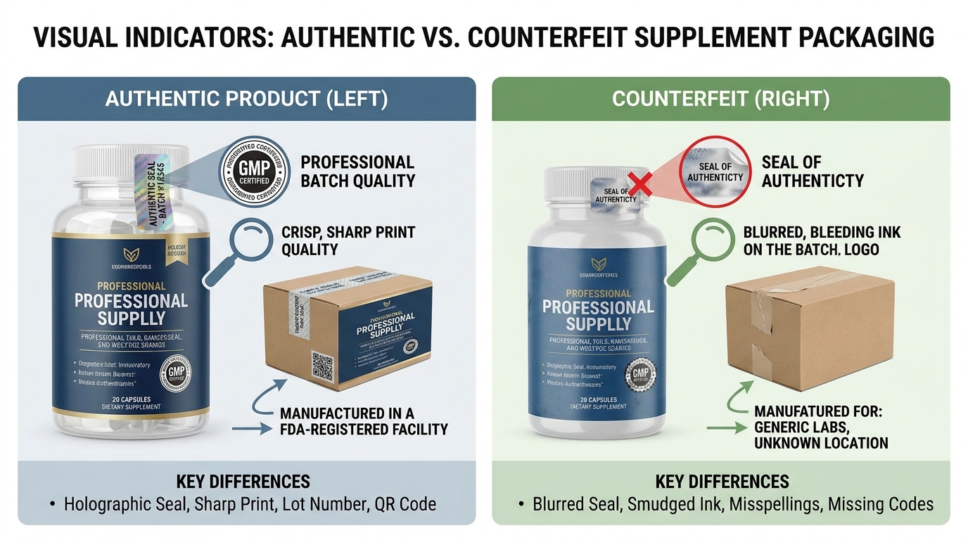 Comparison between authentic and counterfeit supplement packaging labels