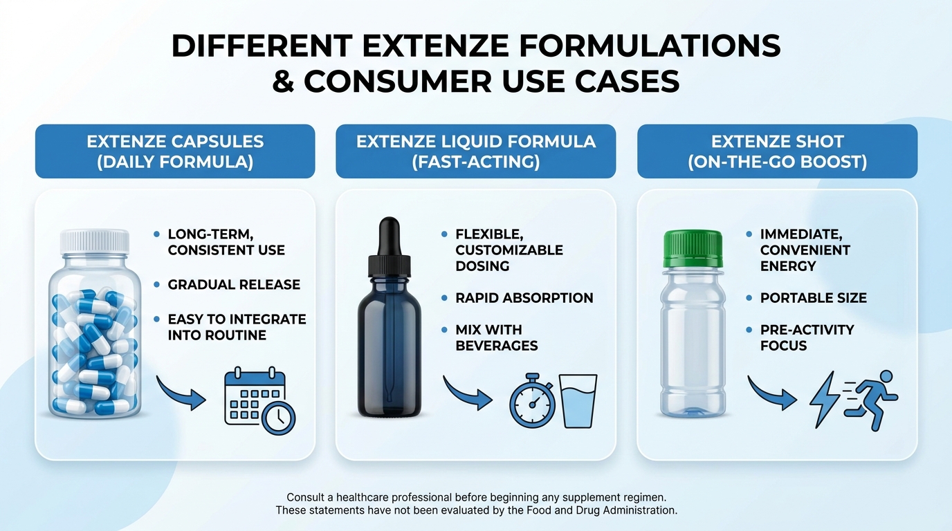 Visual comparison of ExtenZe product variants including pills, liquid, and shots