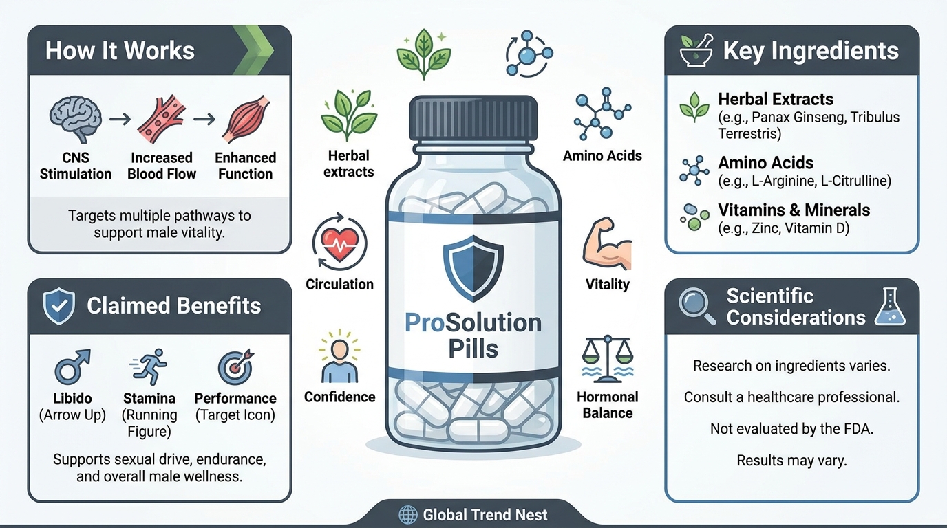 ProSolution Pills infographic explaining ingredients, mechanism of action, and claimed male performance benefits.