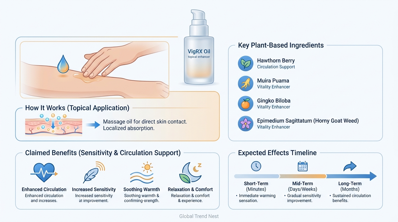 VigRX Oil infographic explaining topical application, ingredients, and claimed sensitivity and circulation support benefits.