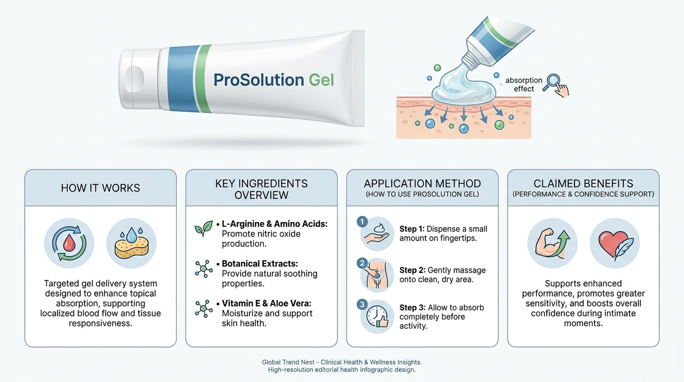 ProSolution Gel infographic explaining application method, ingredients, absorption process, and claimed male wellness benefits.