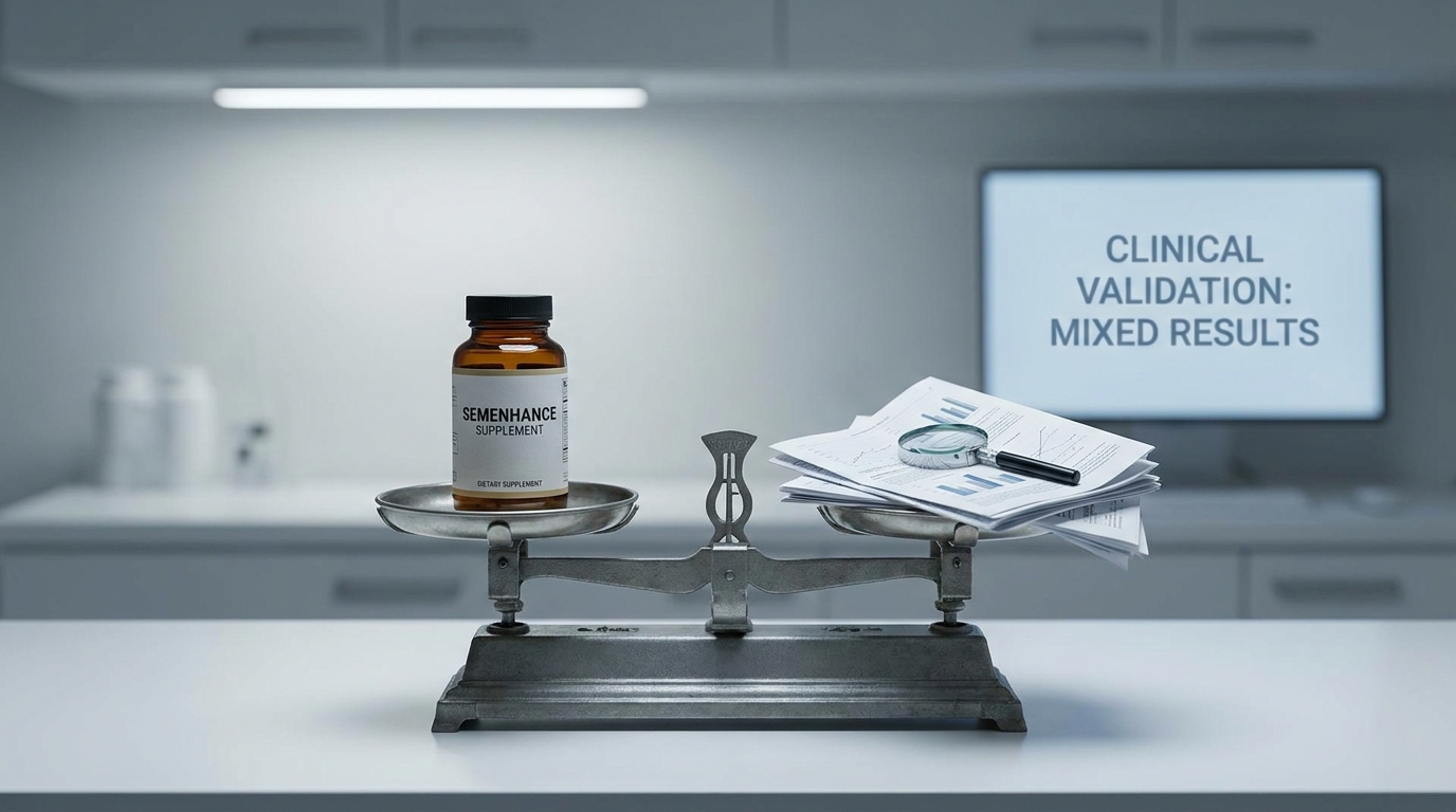 Balanced scale comparing benefits and limitations of Semenhance supplement
