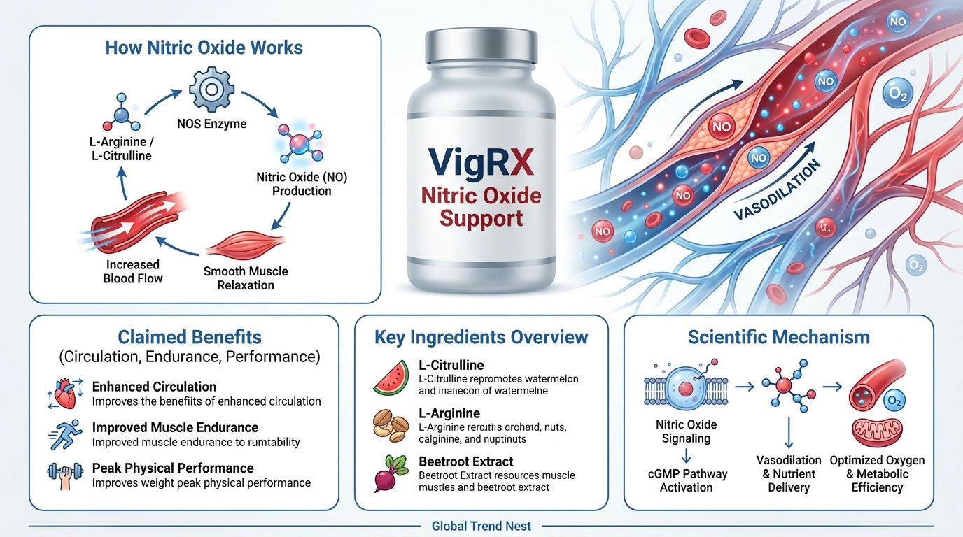 VigRX Nitric Oxide Support infographic explaining nitric oxide pathway, ingredients, and benefits for circulation and endurance.