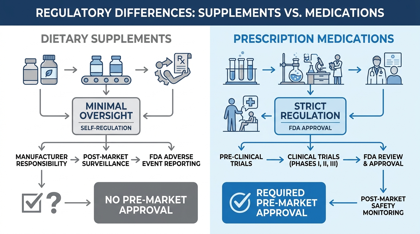 Comparison chart showing supplement regulation vs pharmaceutical drug approval process