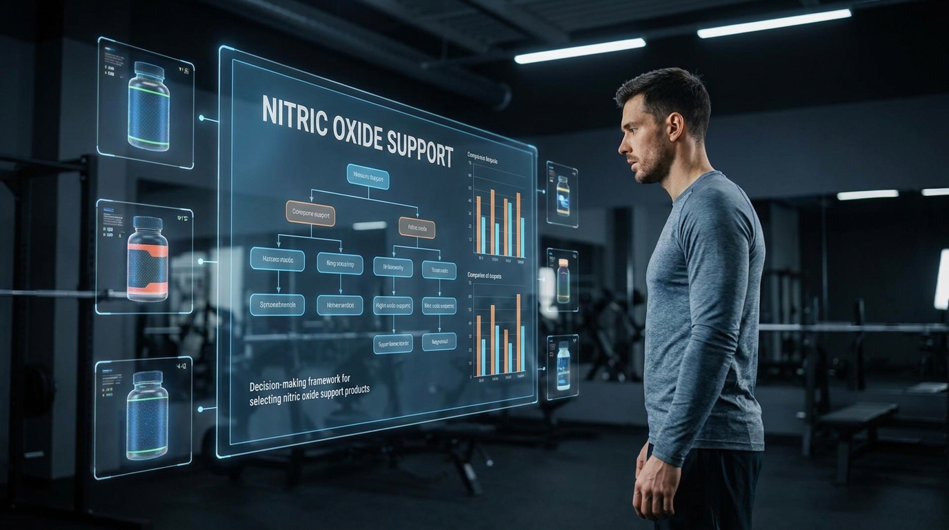 Athlete choosing between different nitric oxide supplements in a performance nutrition decision scenario