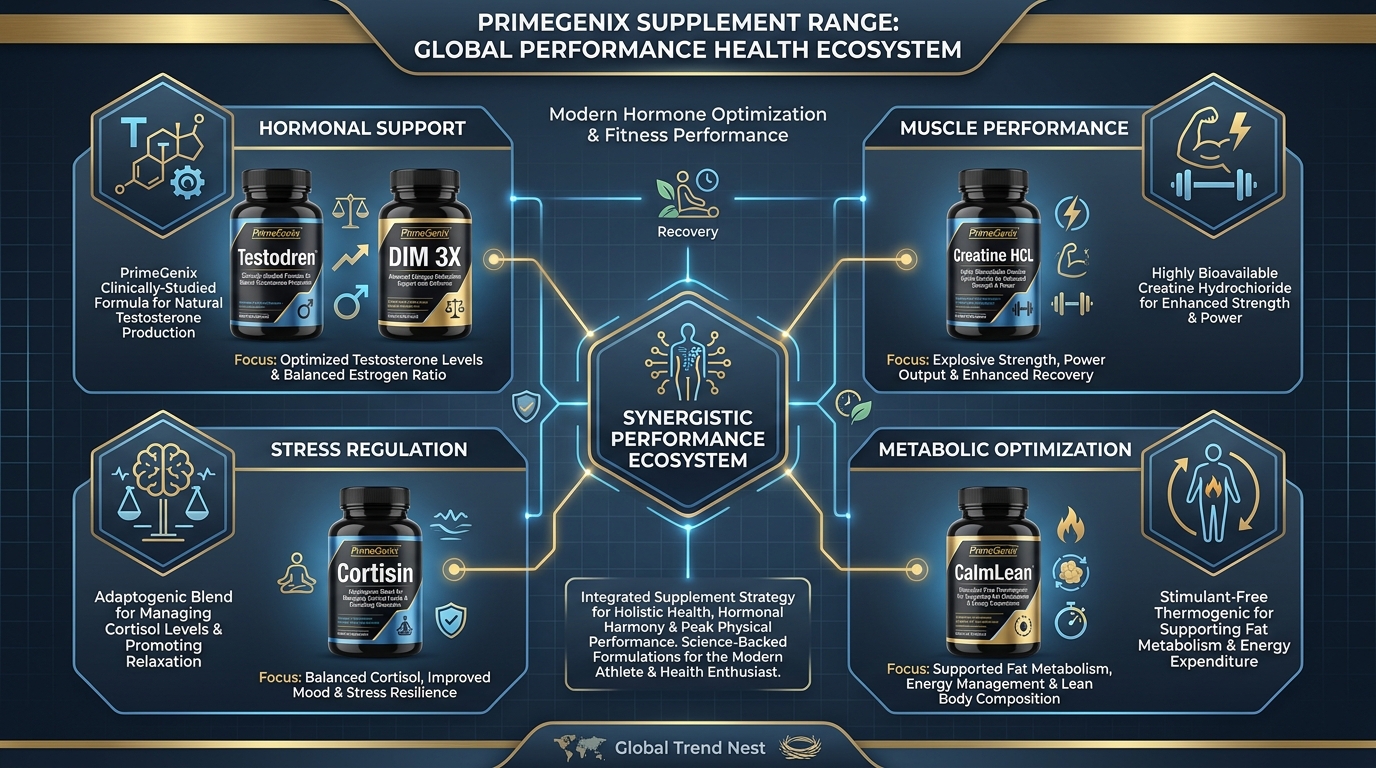 PrimeGenix supplements infographic showing Testodren, DIM 3X, Creatine HCL, CalmLean, and CortiSync with their benefits and functions.