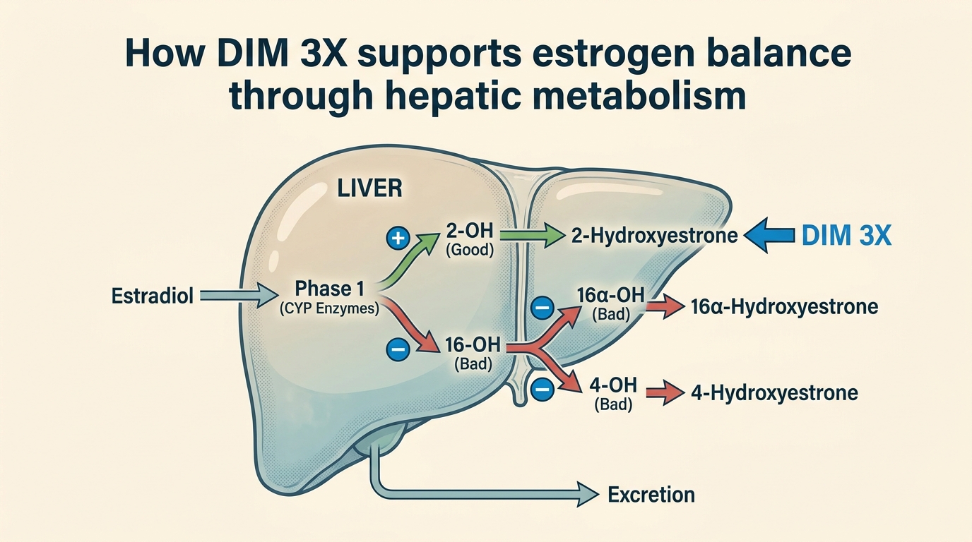 Liver estrogen detoxification pathway showing DIM influence on estrogen metabolites