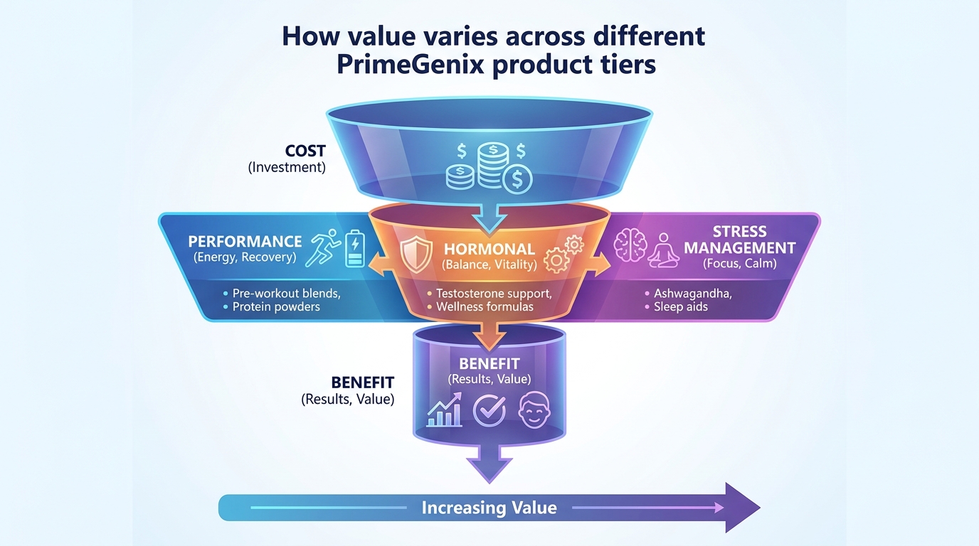 Funnel diagram showing cost versus benefit of PrimeGenix supplement categories