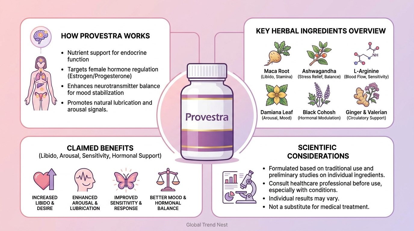 Provestra infographic explaining ingredients, hormonal balance support, and claimed female libido enhancement benefits.
