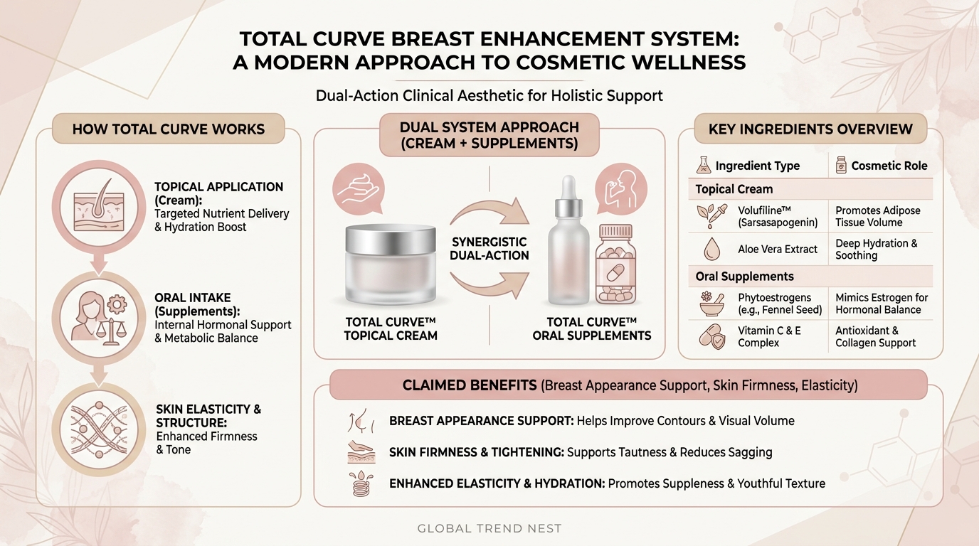 Total Curve infographic explaining cream and supplement system, ingredients, and claimed breast enhancement and skin elasticity benefits.