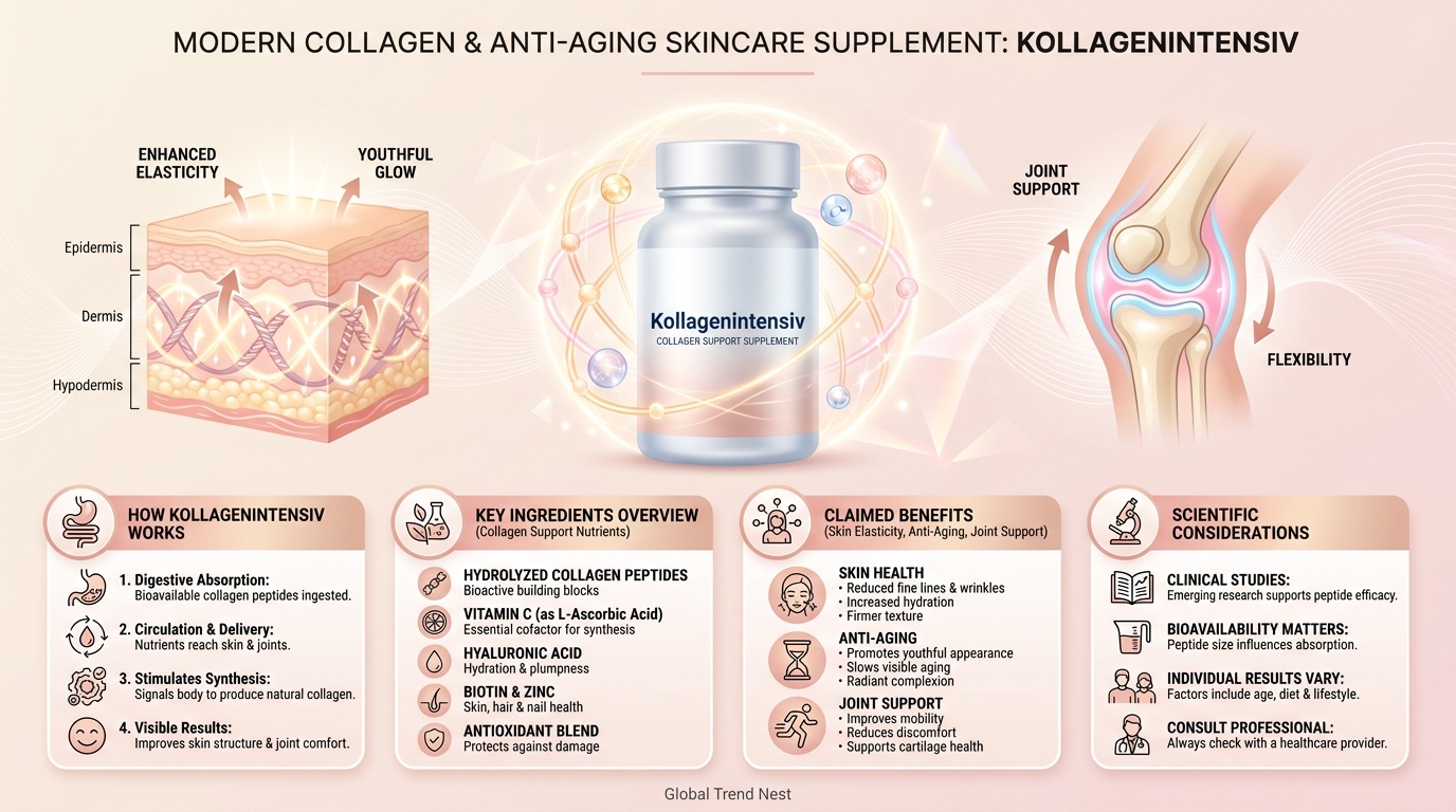 Kollagenintensiv infographic explaining collagen support, skin elasticity, anti-aging benefits, and joint health effects.