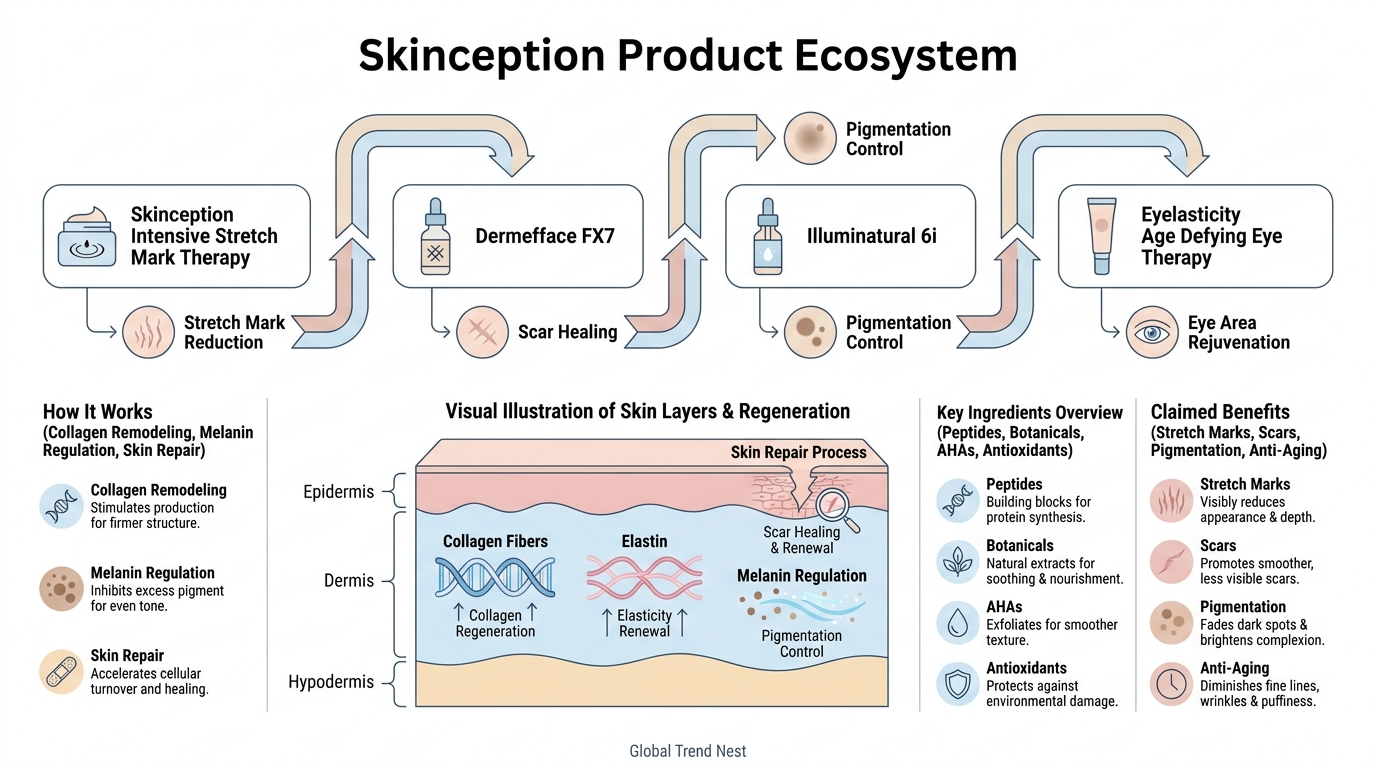 Skinception infographic showing full product ecosystem, including stretch mark, scar, pigmentation, and anti-aging skincare solutions.