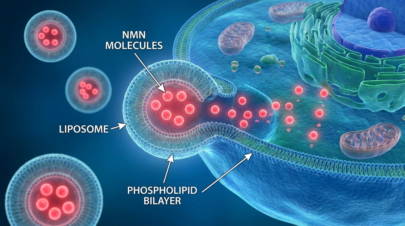 Liposomal delivery system showing encapsulated NMN molecules entering cells