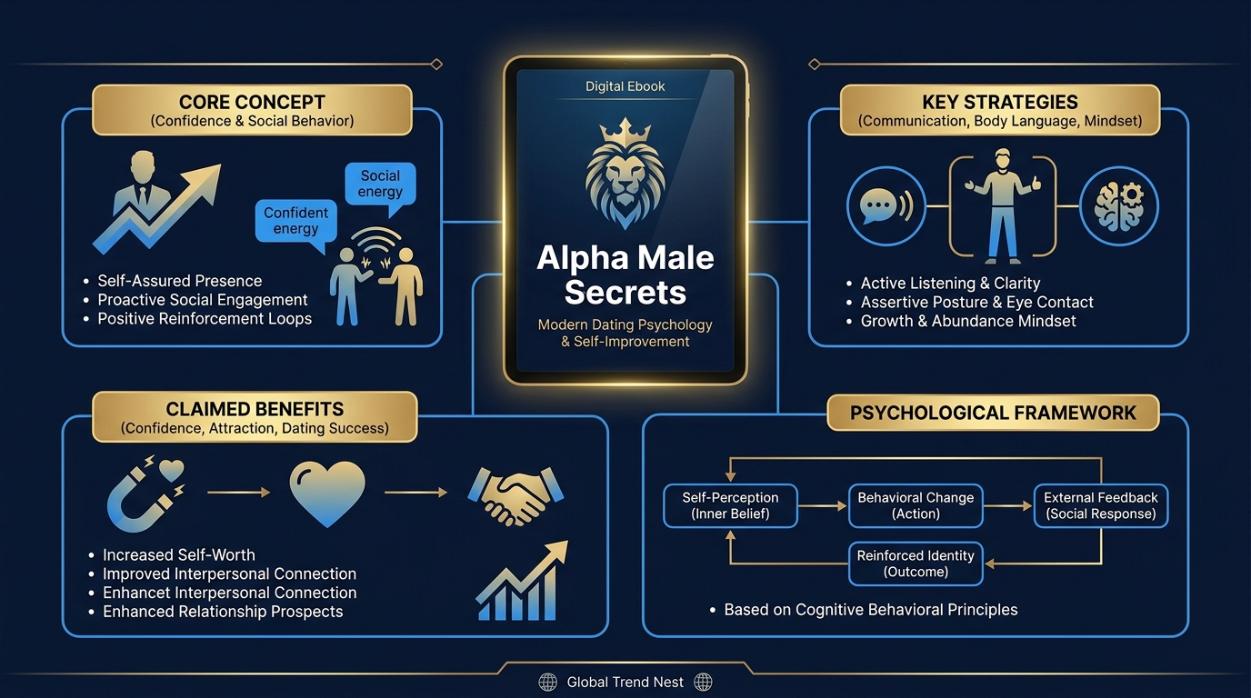 Alpha Male Secrets infographic explaining confidence strategies, attraction psychology, and dating behavior concepts.