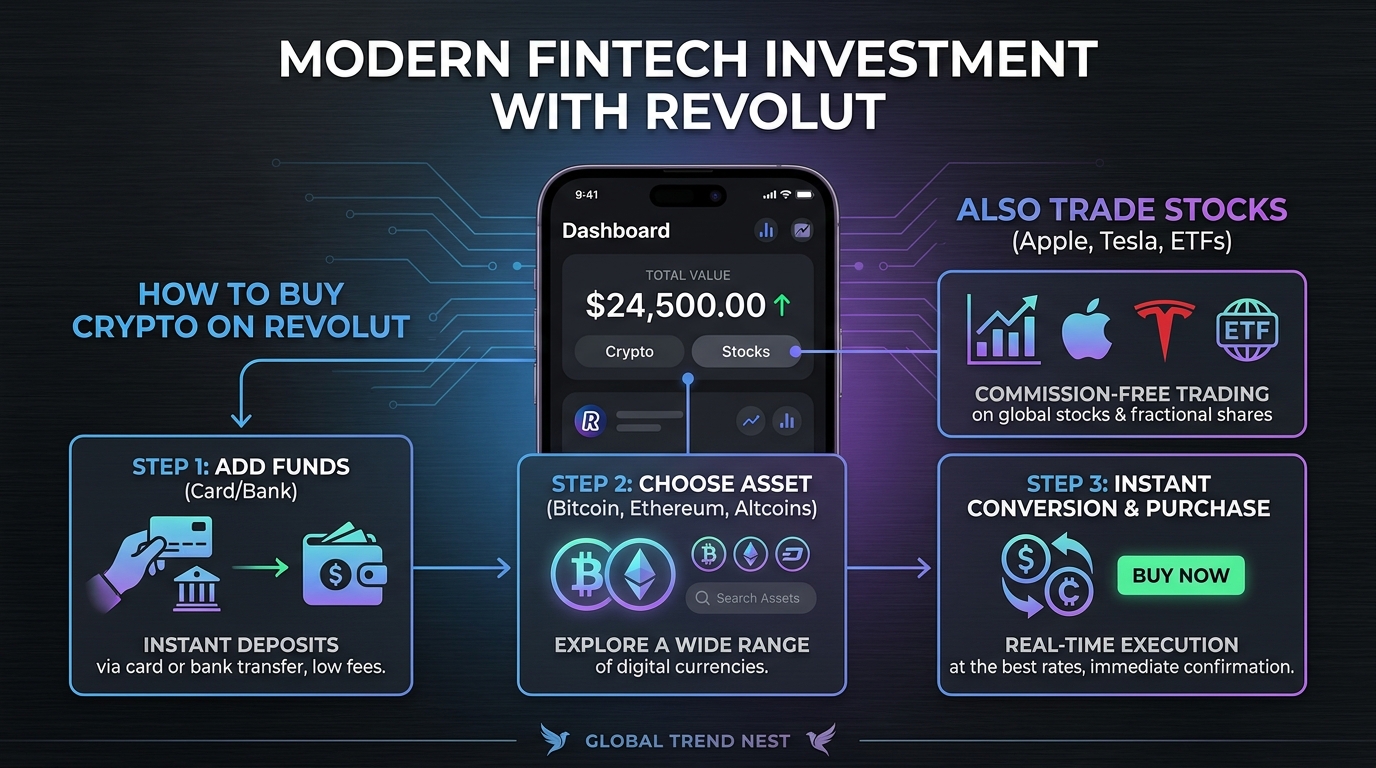 Revolut infographic showing how to buy crypto and stocks using app-based trading with instant funding and asset selection.