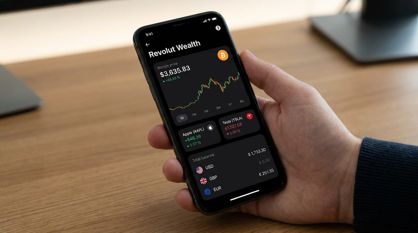 Revolut app interface showing crypto and stock trading dashboard