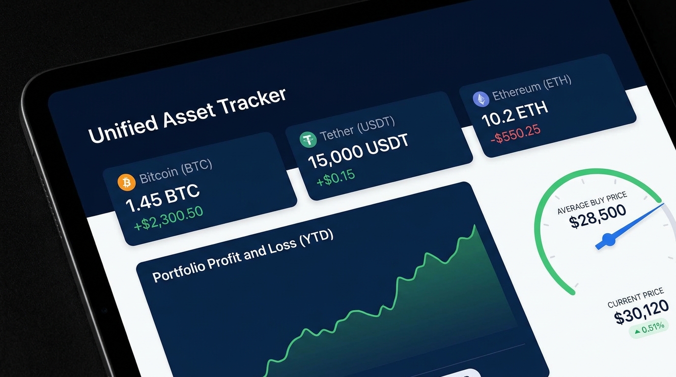 Crypto portfolio dashboard showing Bitcoin, USDT, and altcoin holdings