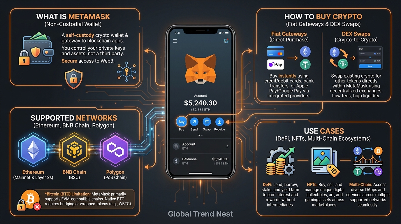 Infographic explaining how to buy crypto on MetaMask, showing wallet interface, Ethereum and BNB networks, token swaps, fiat gateways, and DeFi and NFT use cases.