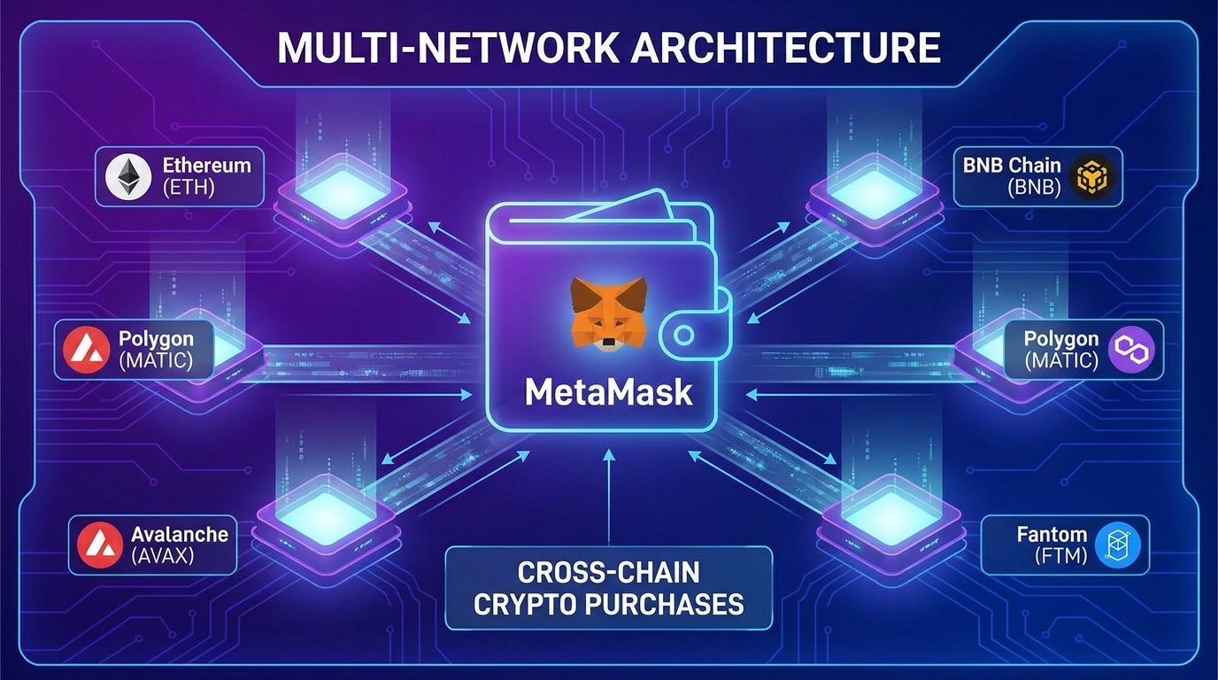 Diagram showing MetaMask connected to multiple blockchain networks like Ethereum, BNB Chain, Polygon, Avalanche, and Fantom