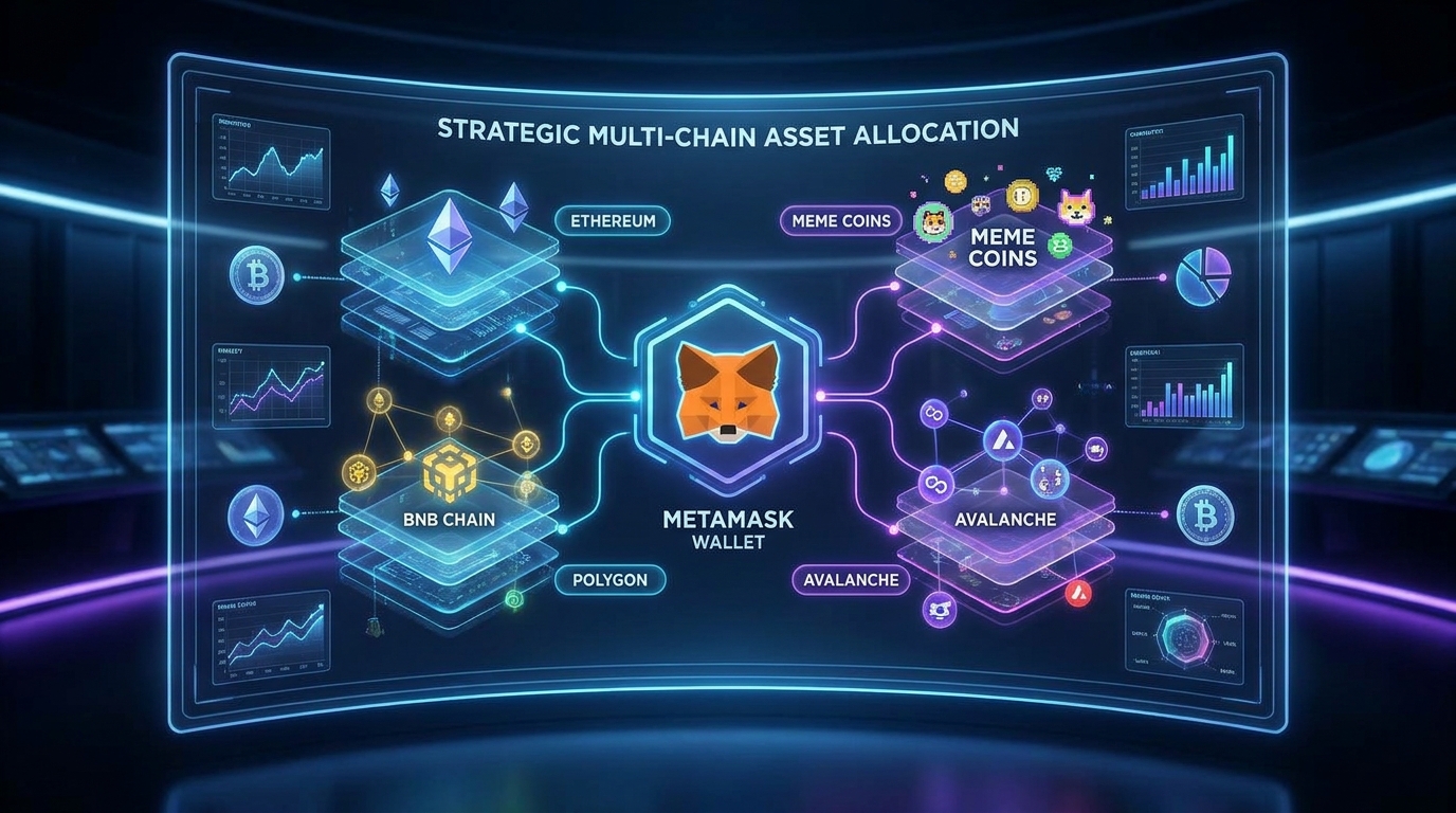 Multi-layer crypto portfolio diagram showing ETH, BNB, MATIC, AVAX, and meme coins connected through MetaMask