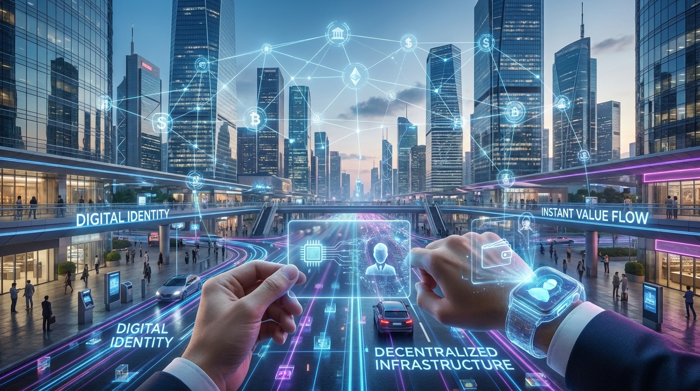 Futuristic global financial system showing crypto cards evolving into embedded payment infrastructure