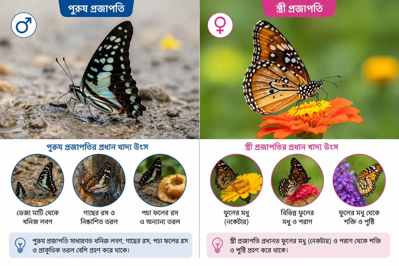 পুরুষ ও স্ত্রী প্রজাপতির খাদ্যাভ্যাস এর পার্থক্য