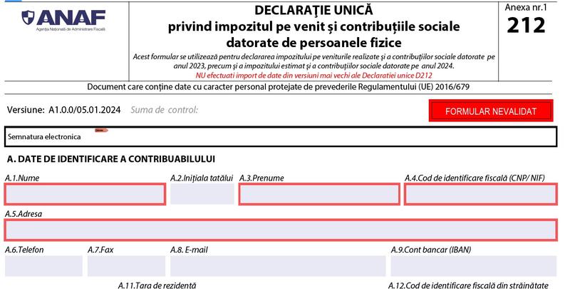 Declaratia unica 2024 - formular 212 Foto: ANAF