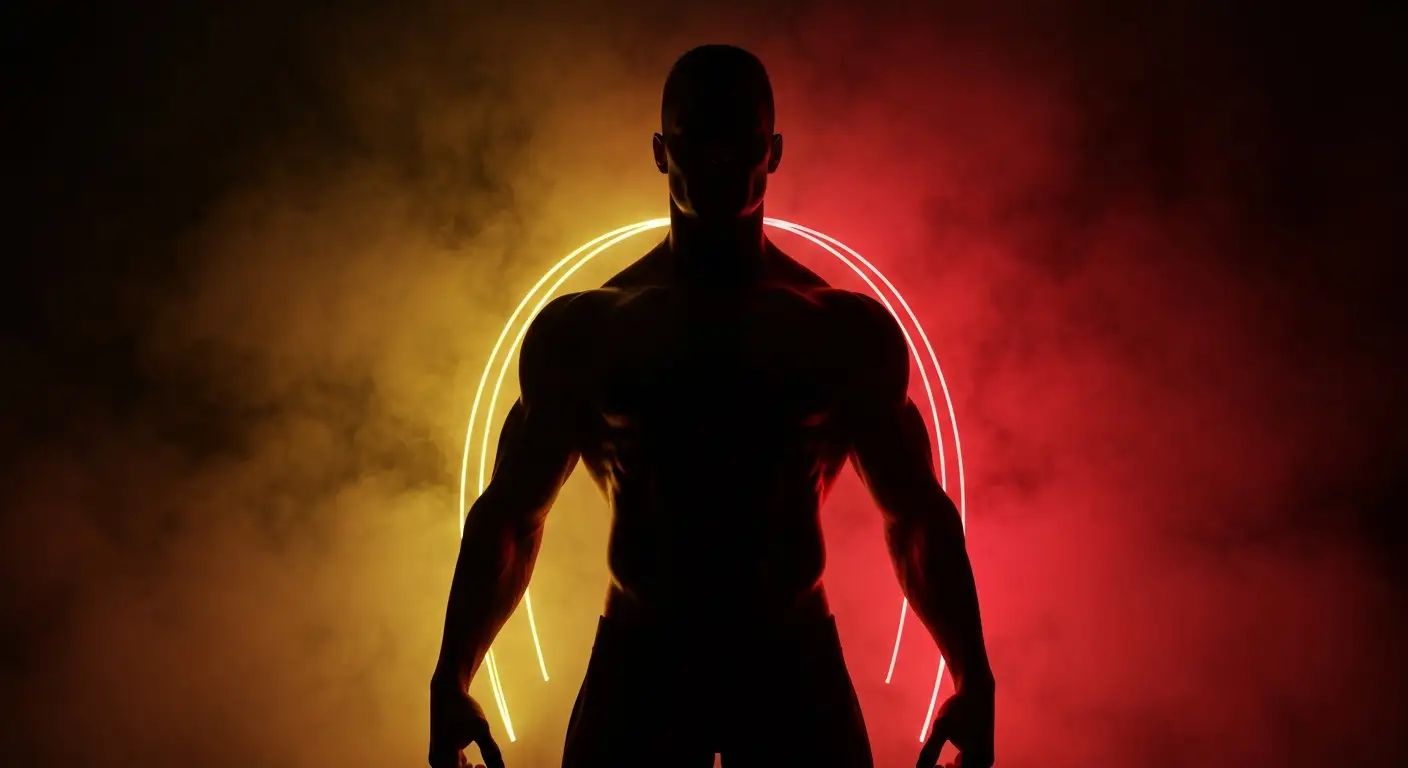 Mroczna sylwetka muskularnego mężczyzny w neonowym oświetleniu