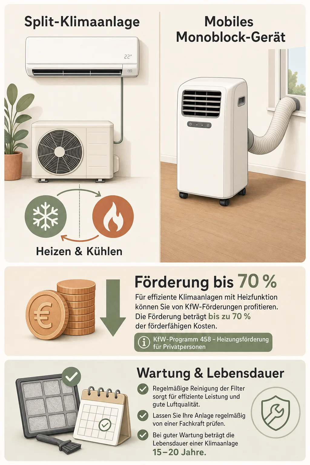 Klimaanlage: Kaufberatung 2026 mit Heizen, Kühlen und Förderung — Infografik