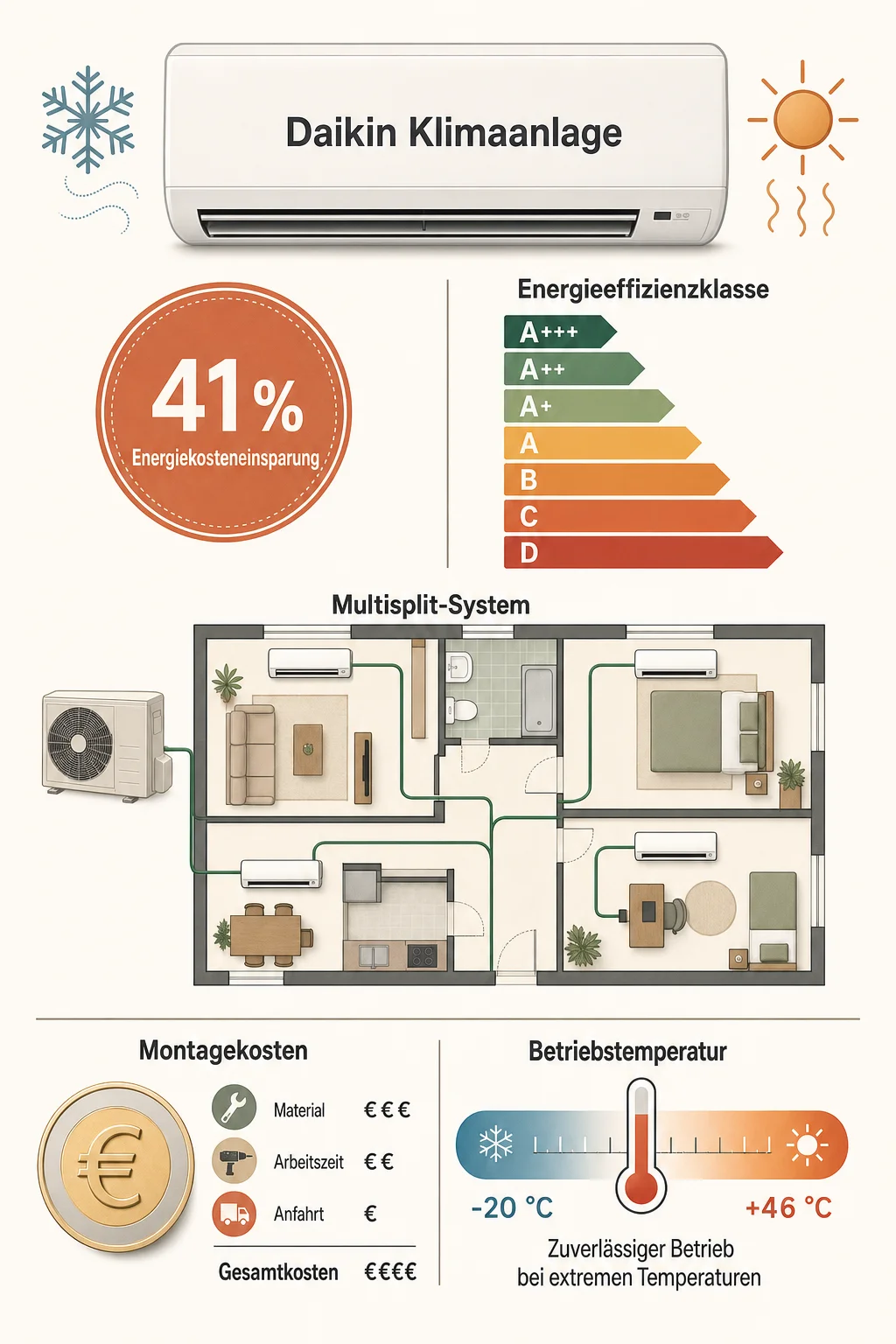 Daikin Klimaanlage: Heizen und Kühlen mit bis zu 41 % weniger Kosten — Infografik
