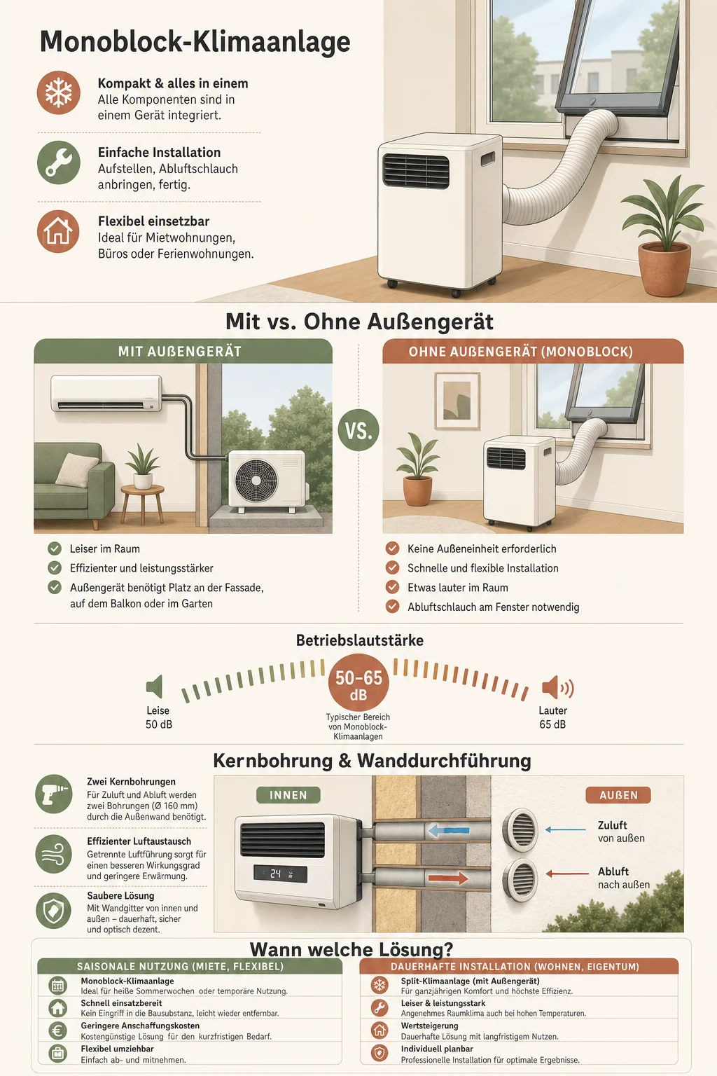 Klimaanlage Ohne Außengerät: Was sie leistet und wann die Split-Anlage besser ist — Infografik