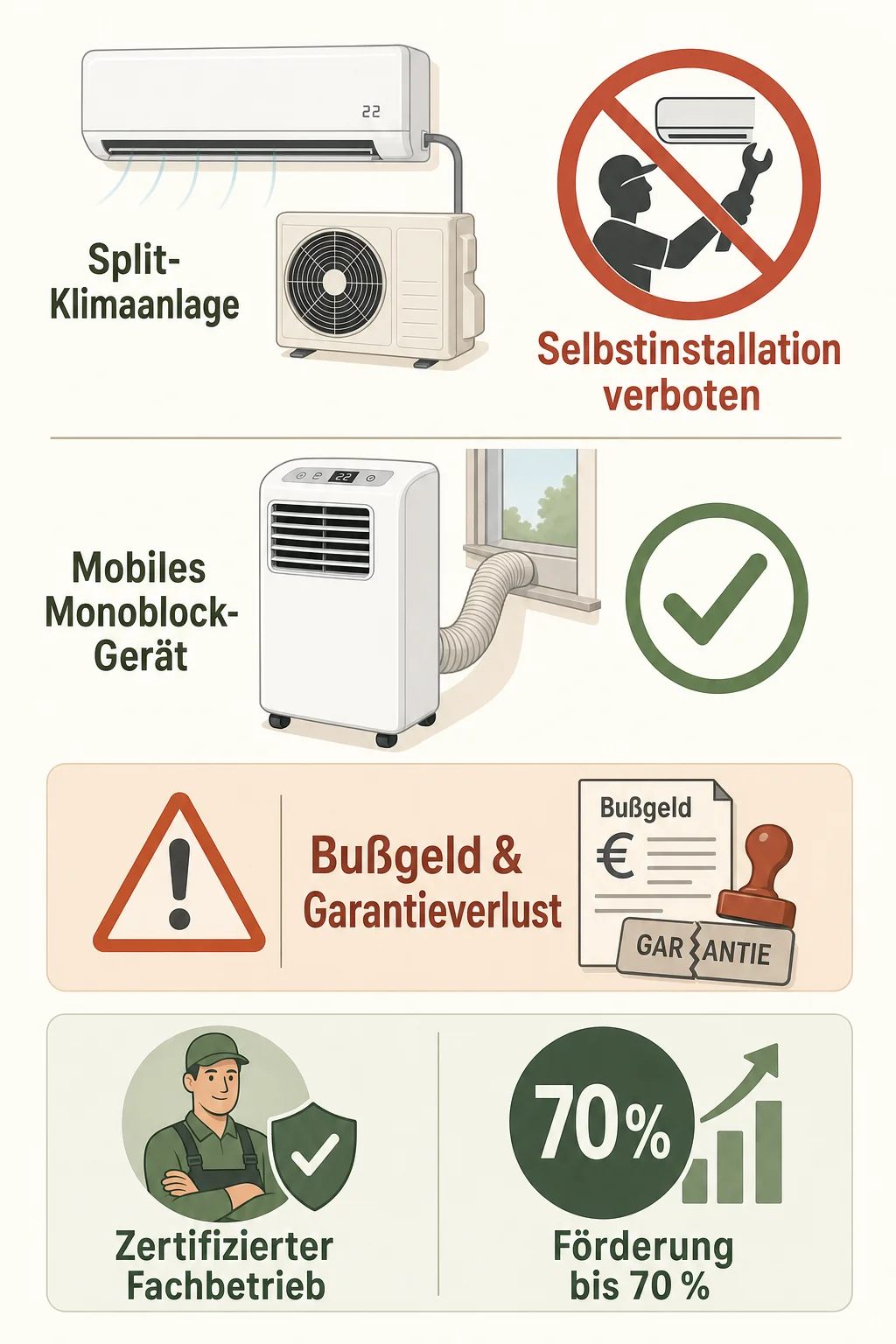 Klimaanlage Selbst Installieren: Was erlaubt ist und wann der Fachbetrieb die bessere Wahl ist — Infografik